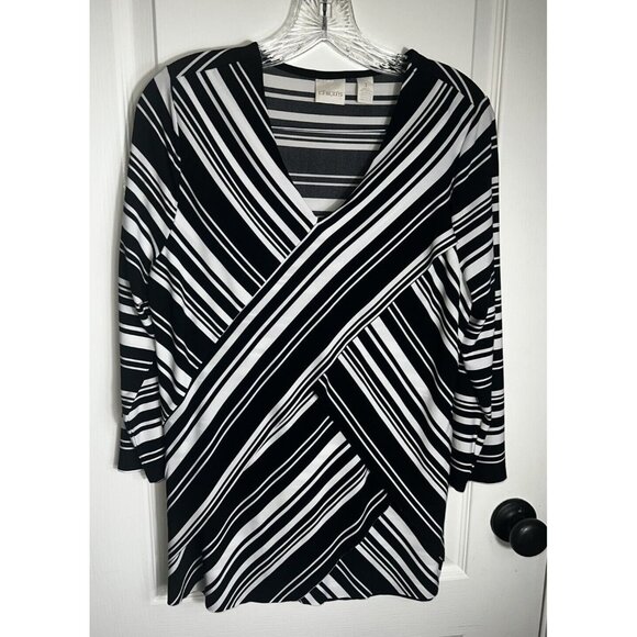 Chicos Top Women’s Sz Chicos Size 1 Pullover 3/4 Sleeve V Neck Crisscross Stripe - Picture 1 of 11